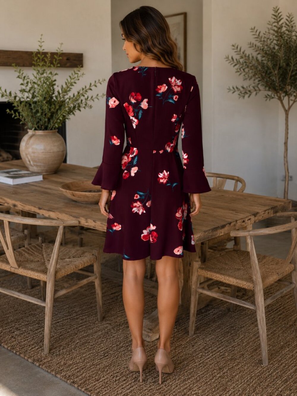 Old Navy Burgundy Floral Fit & Flare Bell Sleeve Dress | Small | A-1825 - Picture 2 of 16